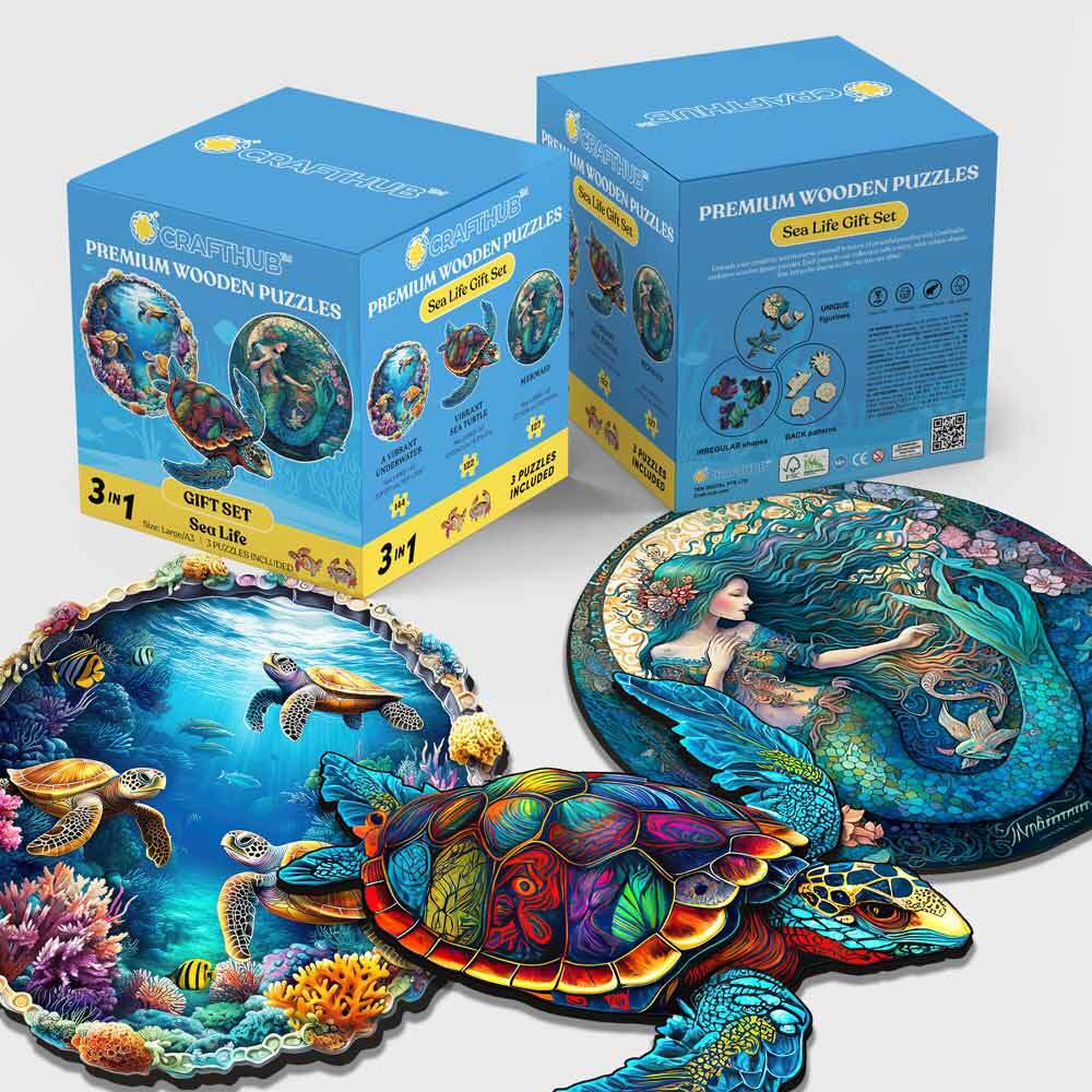 海の生き物 - 木製ジグソーパズル 3点 ギフトセット