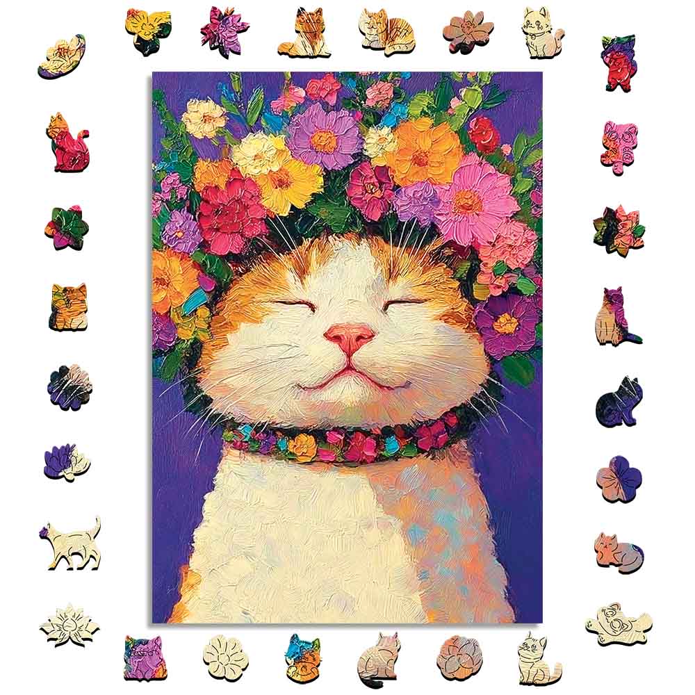 花の猫 - 木製ジグソーパズル - Image 3
