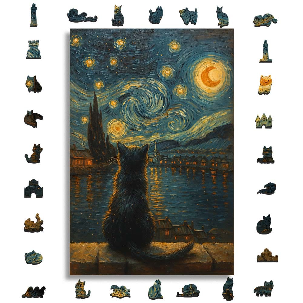 星月夜の猫 - 木製ジグソーパズル - Image 3