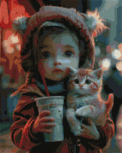 女の子と子猫 - ダイヤモンドペインティングキット