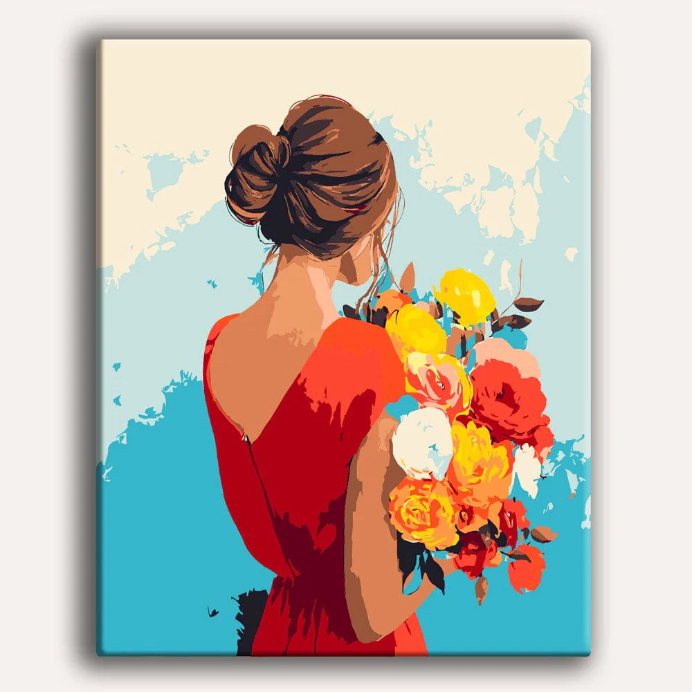 赤いドレスの女性 - 数字で塗る絵画キット