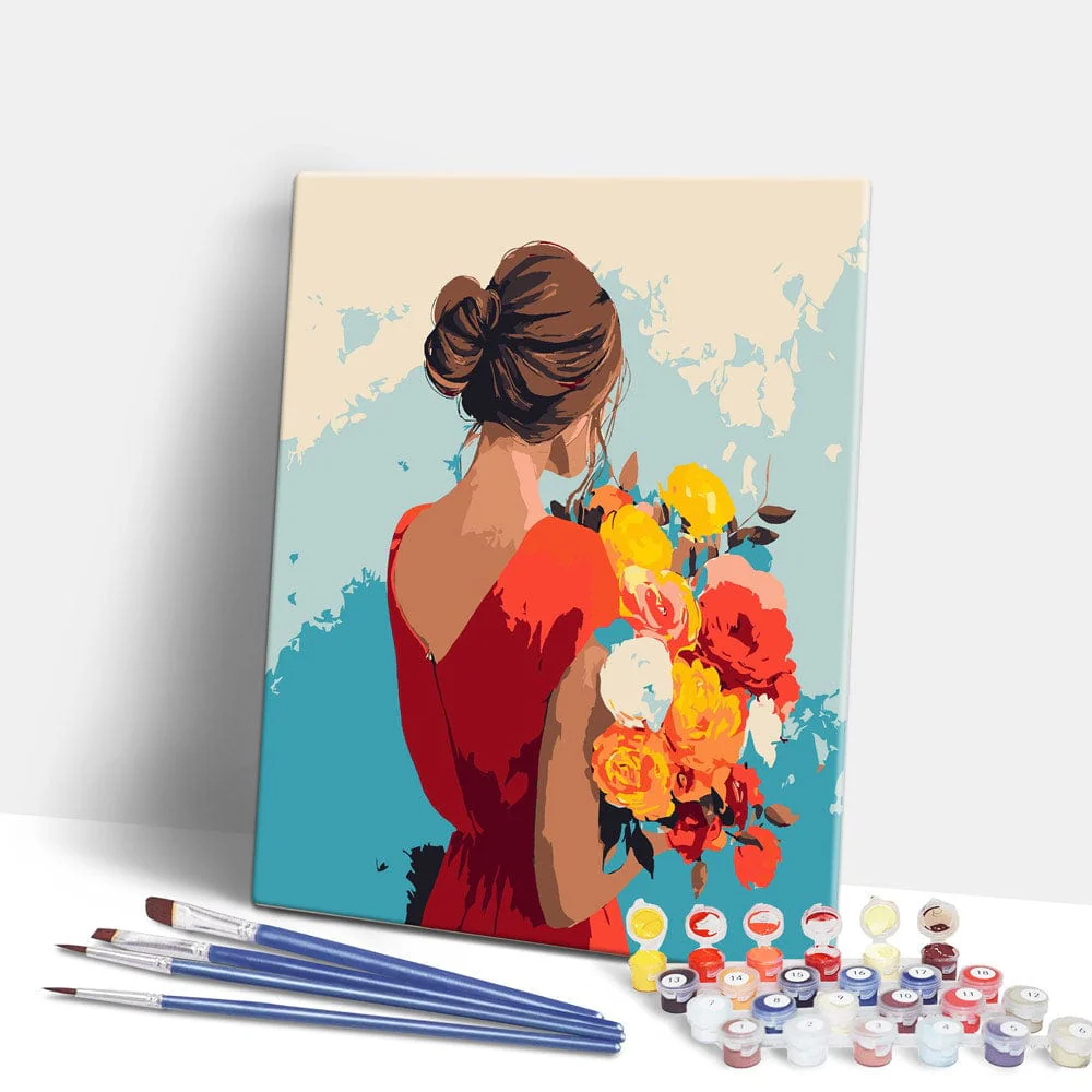 赤いドレスの女性 - 数字で塗る絵画キット - Image 2