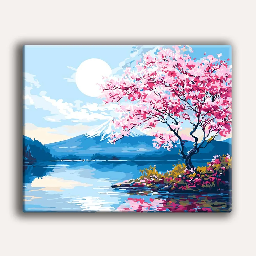 月明かりの桜と湖 - 数字で塗る絵画キット