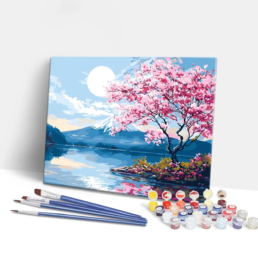 月明かりの桜と湖 - 数字で塗る絵画キット - Image 2