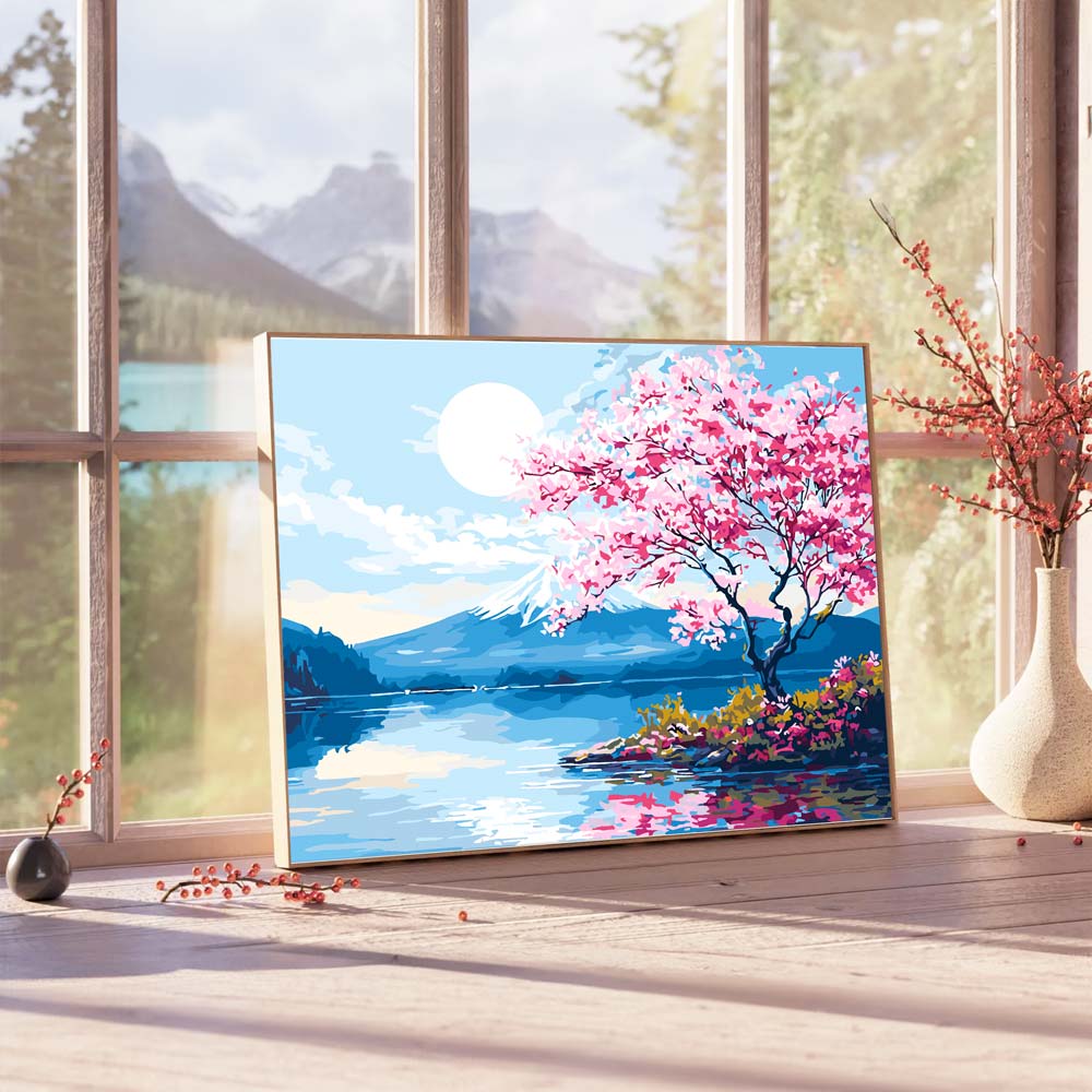 月明かりの桜と湖 - 数字で塗る絵画キット - Image 4