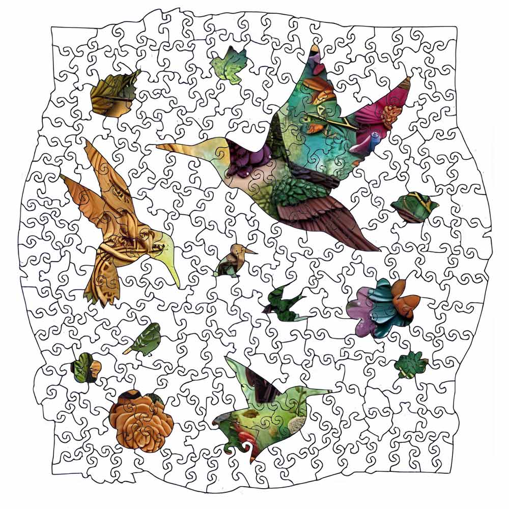 鮮やかな花のハチドリ -木製ジグソーパズル - Image 3